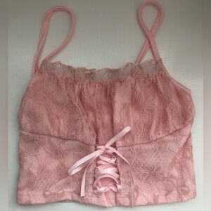 ROMWE Light Pink Lace Up Crop Top